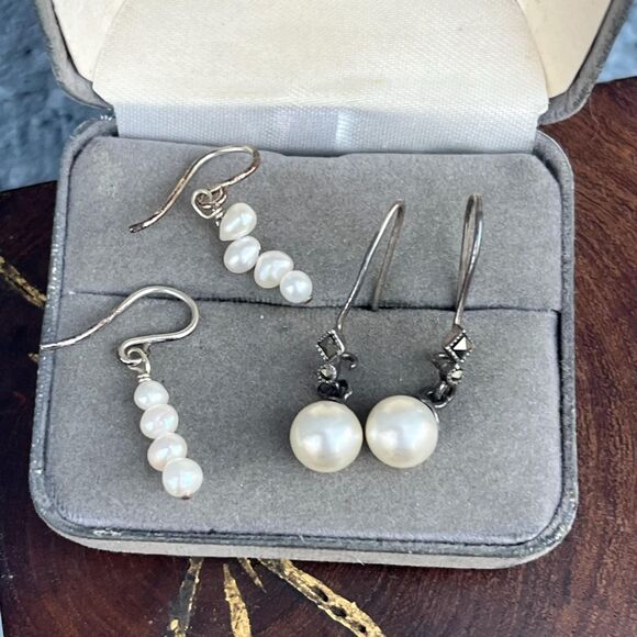 Vintage Sterling Silver Faux Pearl Earring Set Marcasite Details - Picture 4 of 5
